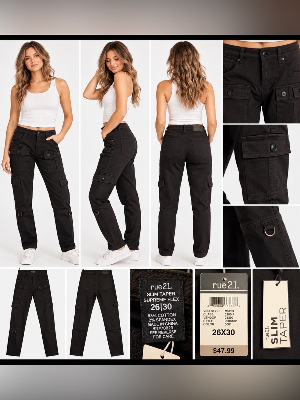 NWT rue21 Supreme Flex Slim Taper Black Cargo Pants 26x30 Utility Y2K